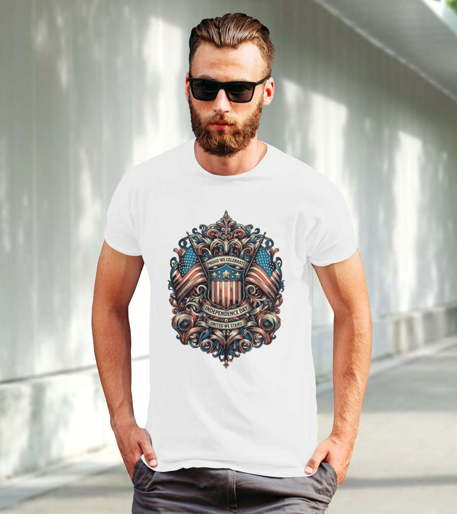 Proud We Celebrate Independence Day United We Stand American Flag Shield Ornamental T-Shirt