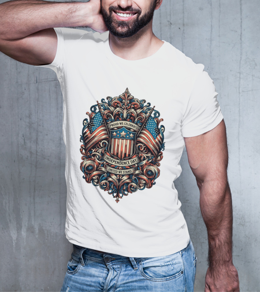 Proud We Celebrate Independence Day United We Stand American Flag Shield Ornamental T-Shirt