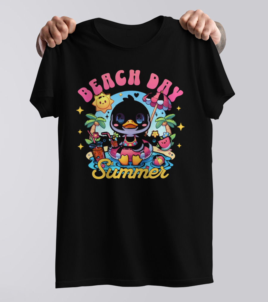 Beach Day Summer Happy Times Good Sunshine Duck In Pool With Palm Trees And Watermelon T-Shirt