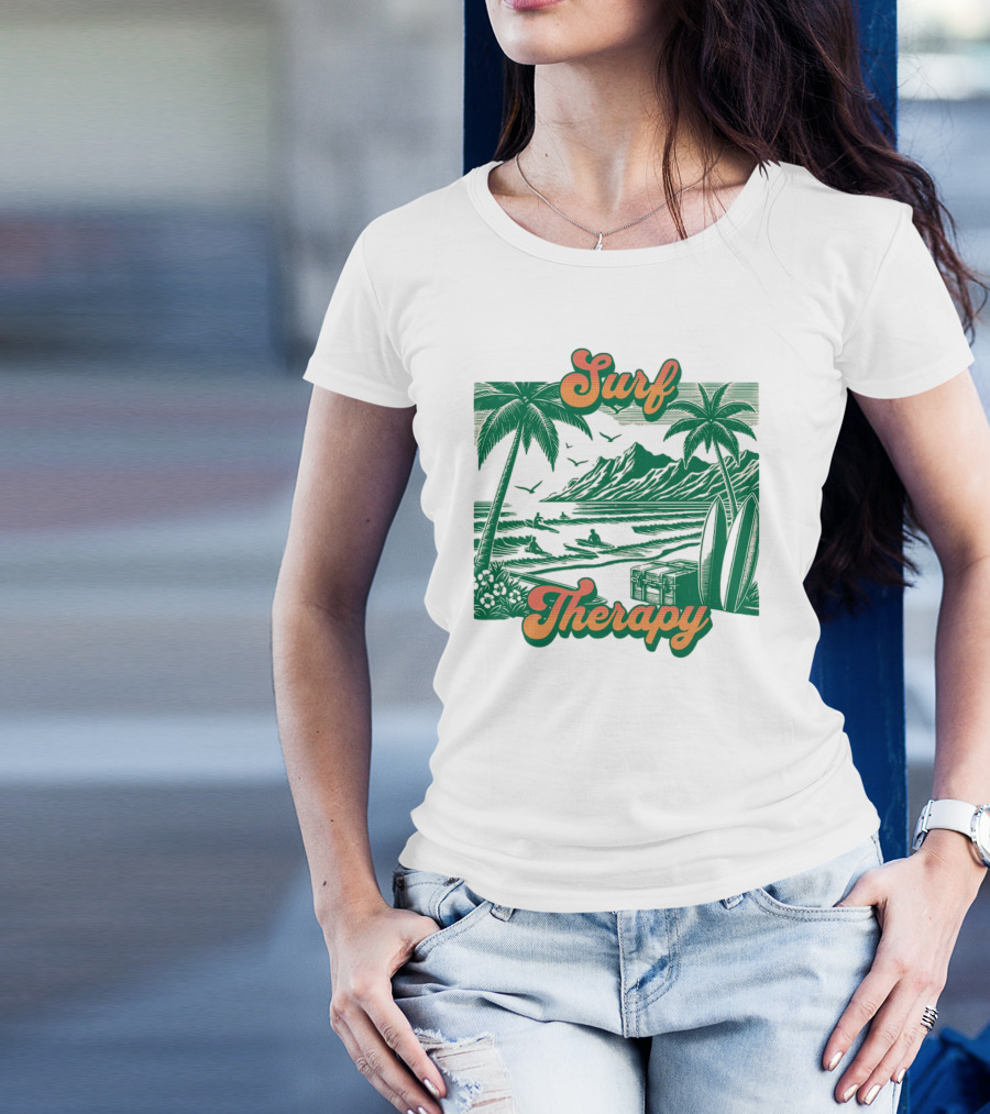 Surf Therapy Tropical Beach Scene With Palm Trees And Surfboards T-Shirt