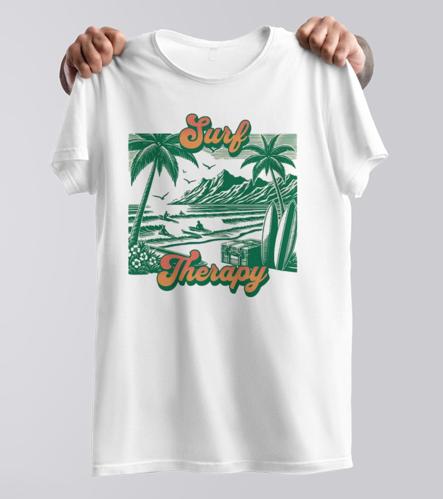 Surf Therapy Tropical Beach Scene With Palm Trees And Surfboards T-Shirt