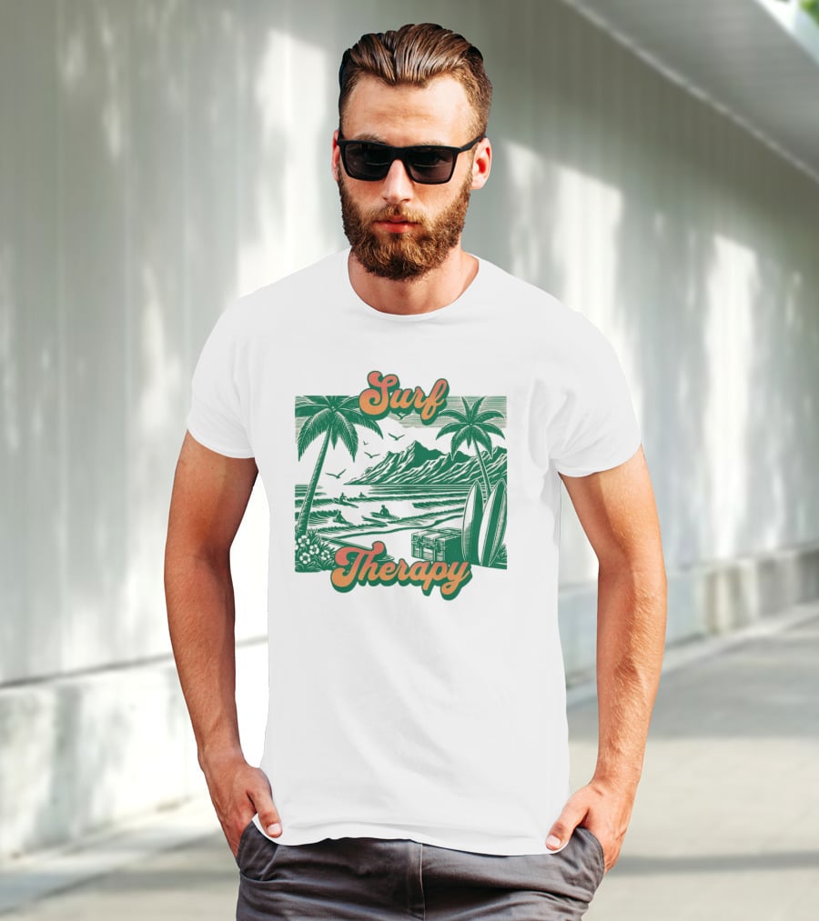Surf Therapy Tropical Beach Scene With Palm Trees And Surfboards T-Shirt