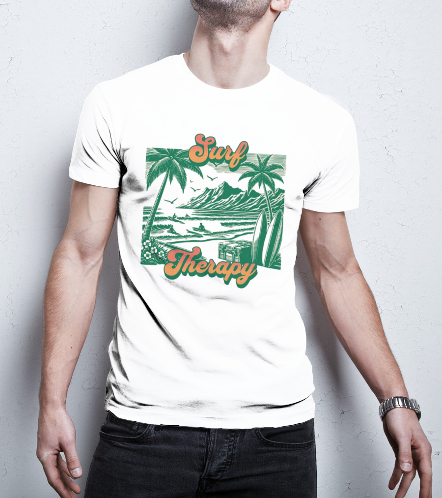 Surf Therapy Tropical Beach Scene With Palm Trees And Surfboards T-Shirt
