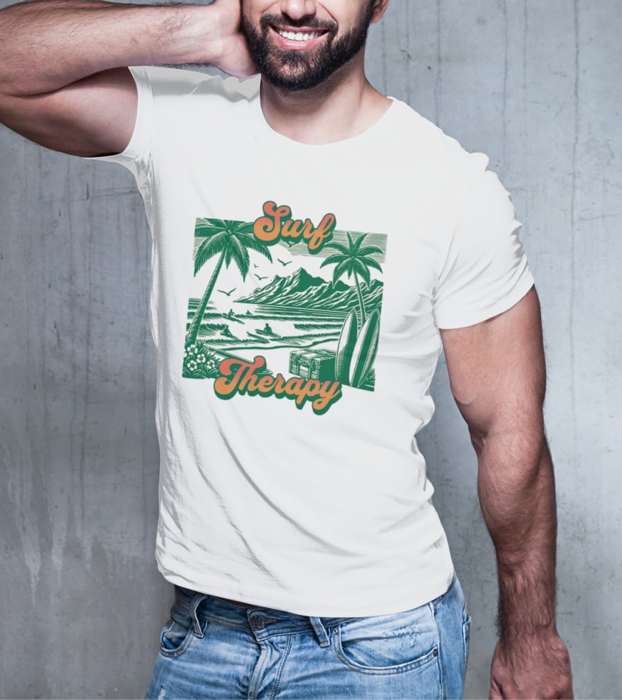 Surf Therapy Tropical Beach Scene With Palm Trees And Surfboards T-Shirt