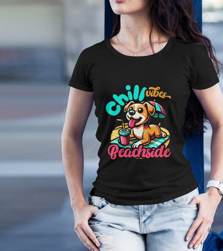 Chill Vibes Beachside Relaxing Dog With Umbrella And Drink T-Shirt