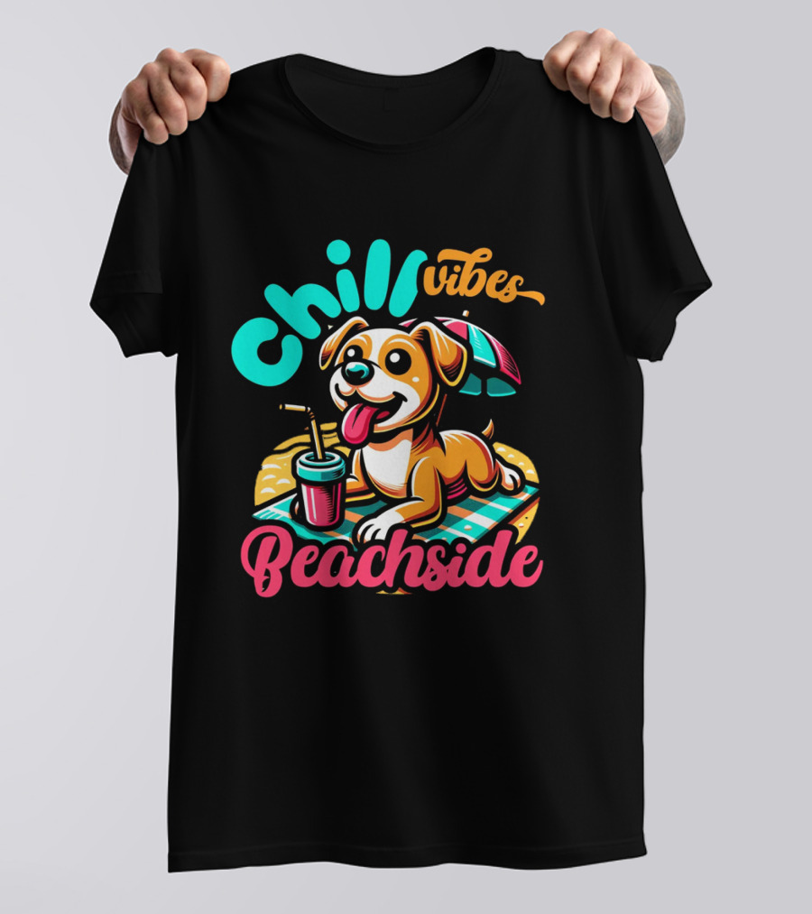 Chill Vibes Beachside Relaxing Dog With Umbrella And Drink T-Shirt
