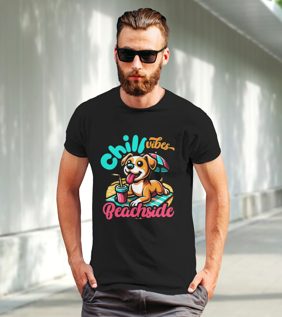 Chill Vibes Beachside Relaxing Dog With Umbrella And Drink T-Shirt