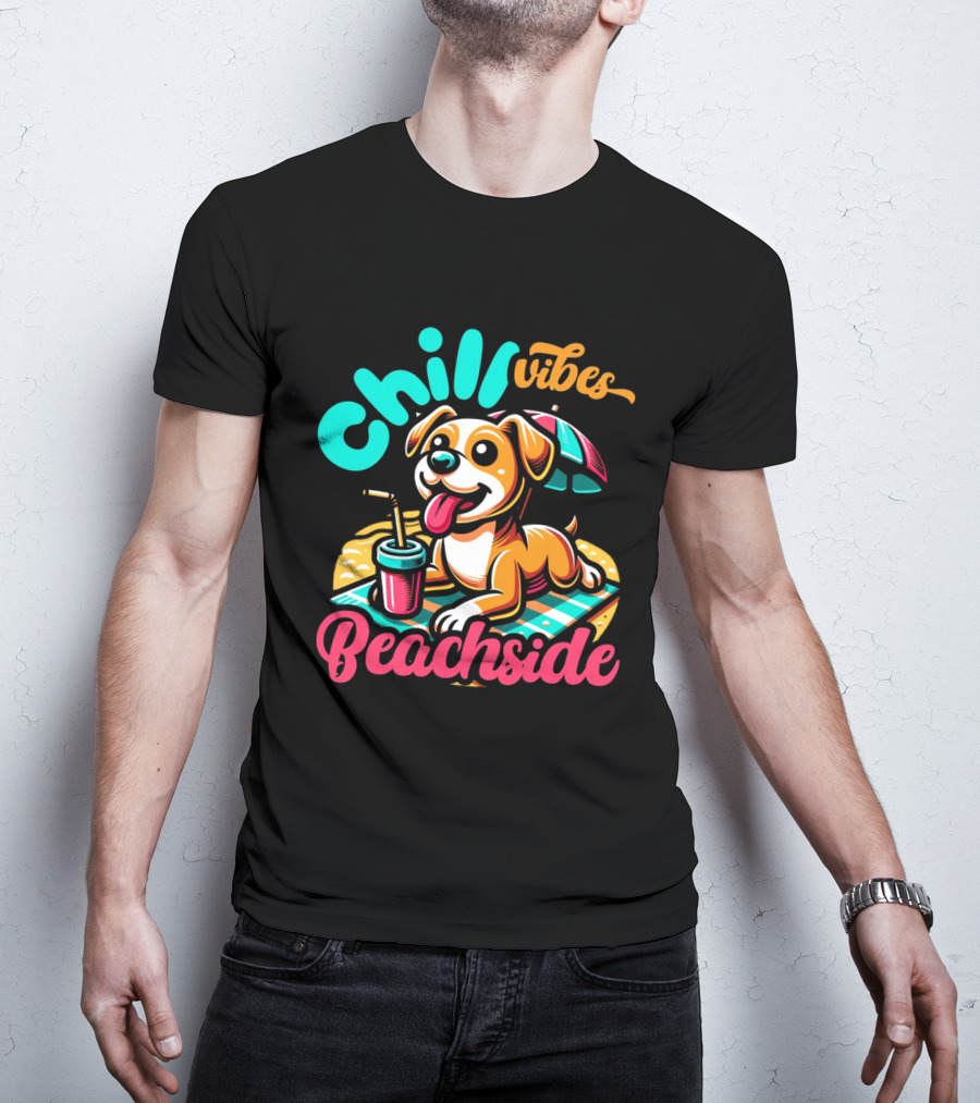 Chill Vibes Beachside Relaxing Dog With Umbrella And Drink T-Shirt