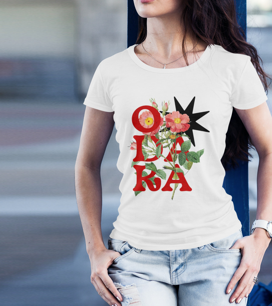 ODARA Bold Floral Art With Red Letters And Pink Flowers T-Shirt