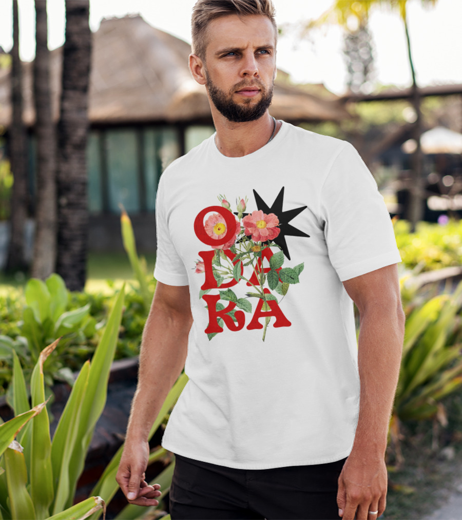 ODARA Bold Floral Art With Red Letters And Pink Flowers T-Shirt