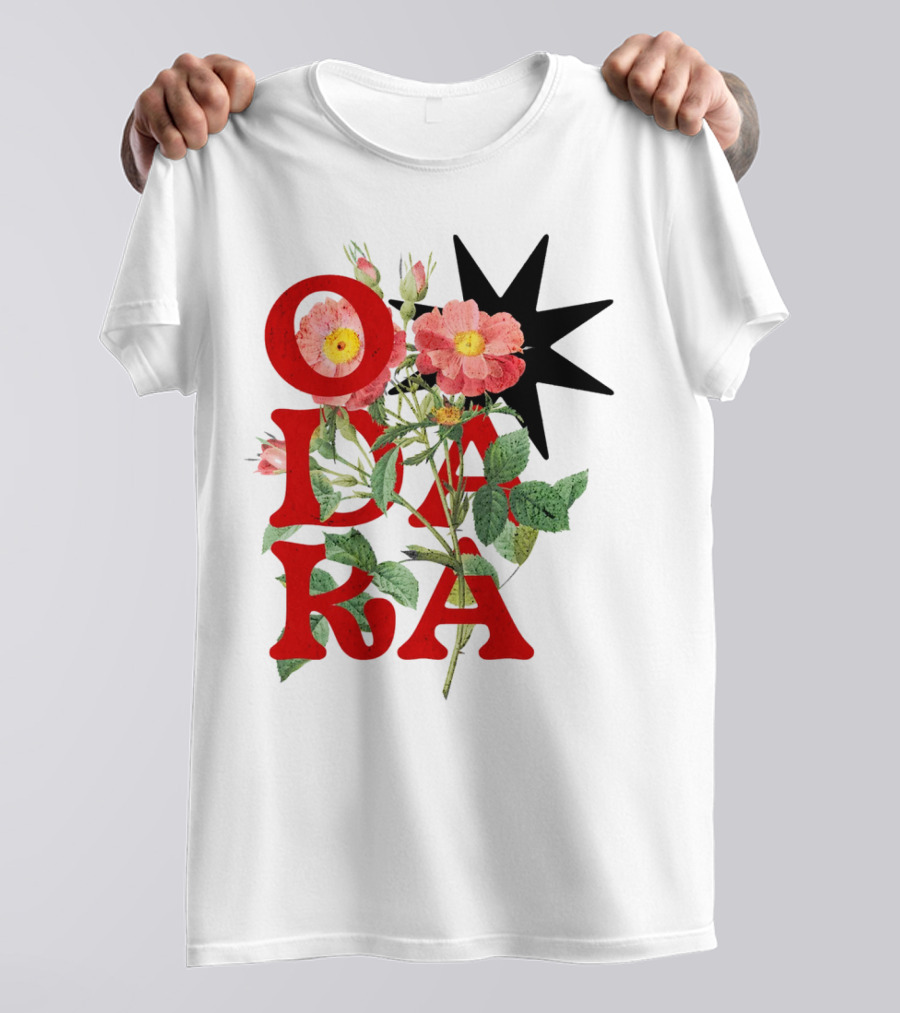 ODARA Bold Floral Art With Red Letters And Pink Flowers T-Shirt