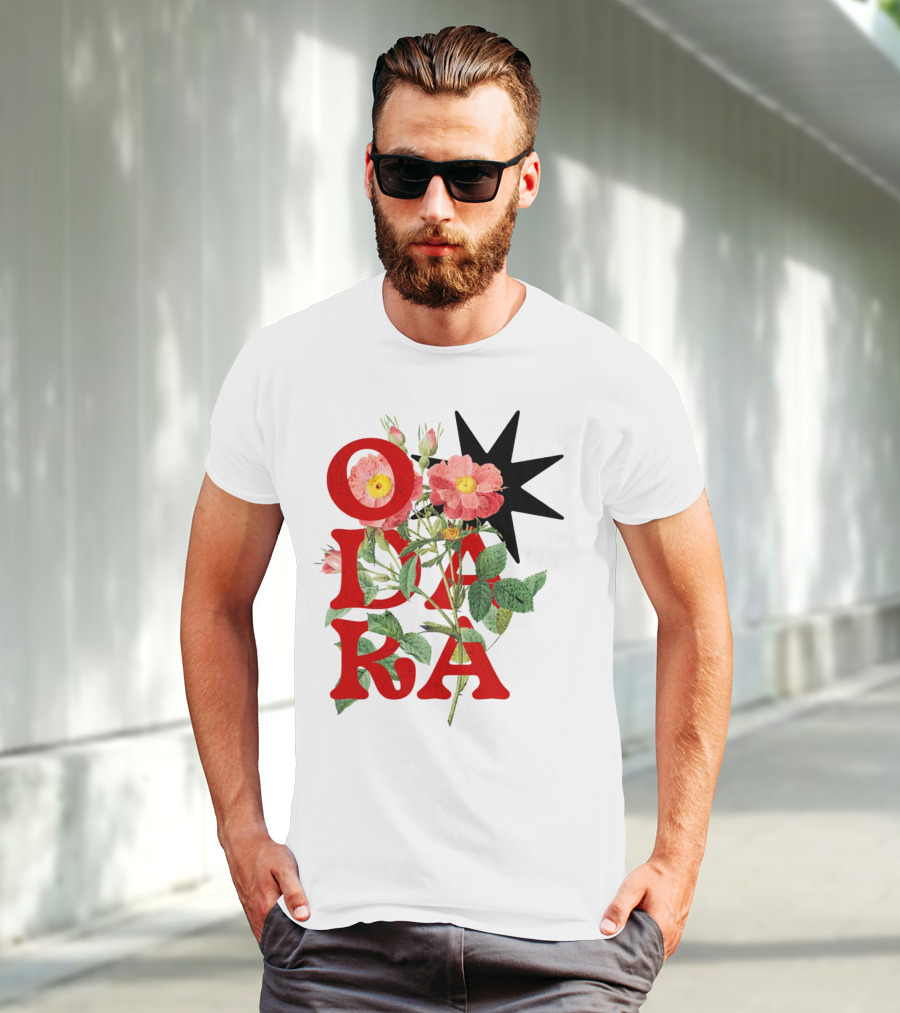 ODARA Bold Floral Art With Red Letters And Pink Flowers T-Shirt