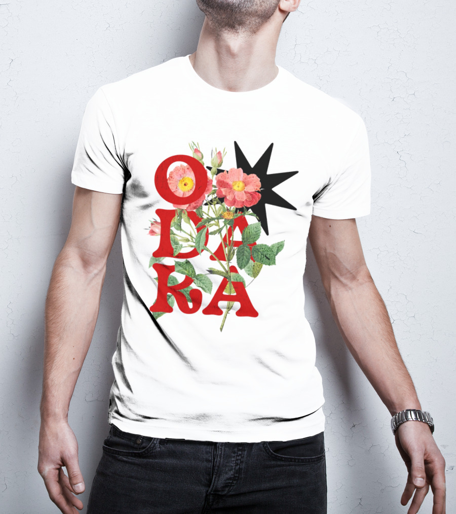 ODARA Bold Floral Art With Red Letters And Pink Flowers T-Shirt