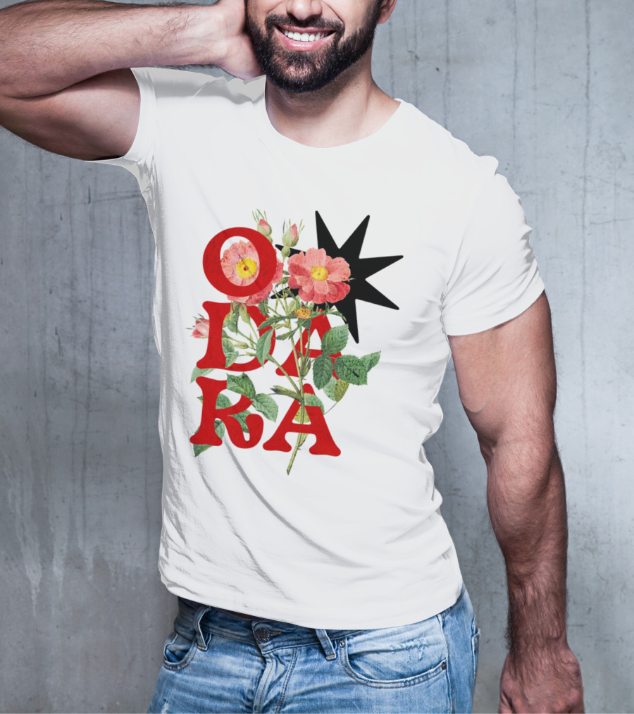 ODARA Bold Floral Art With Red Letters And Pink Flowers T-Shirt