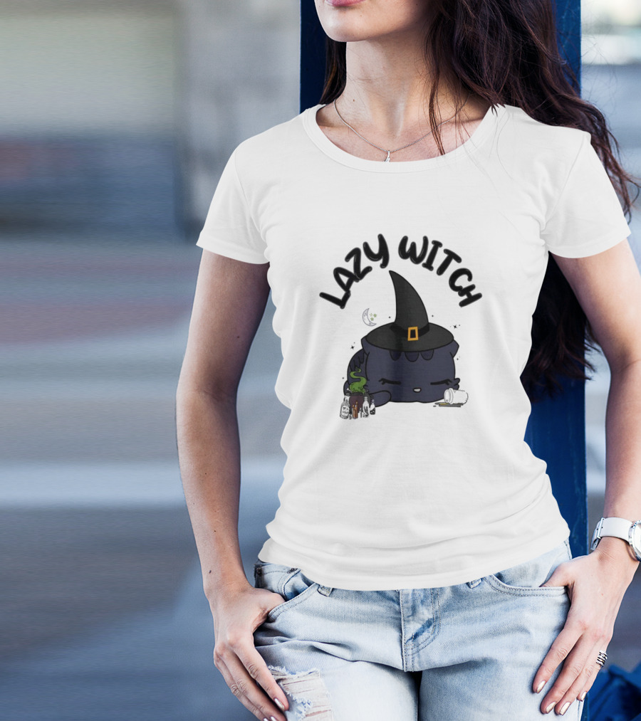 Lazy Witch Black Cat With Spellbinding Hat And Potion T-Shirt