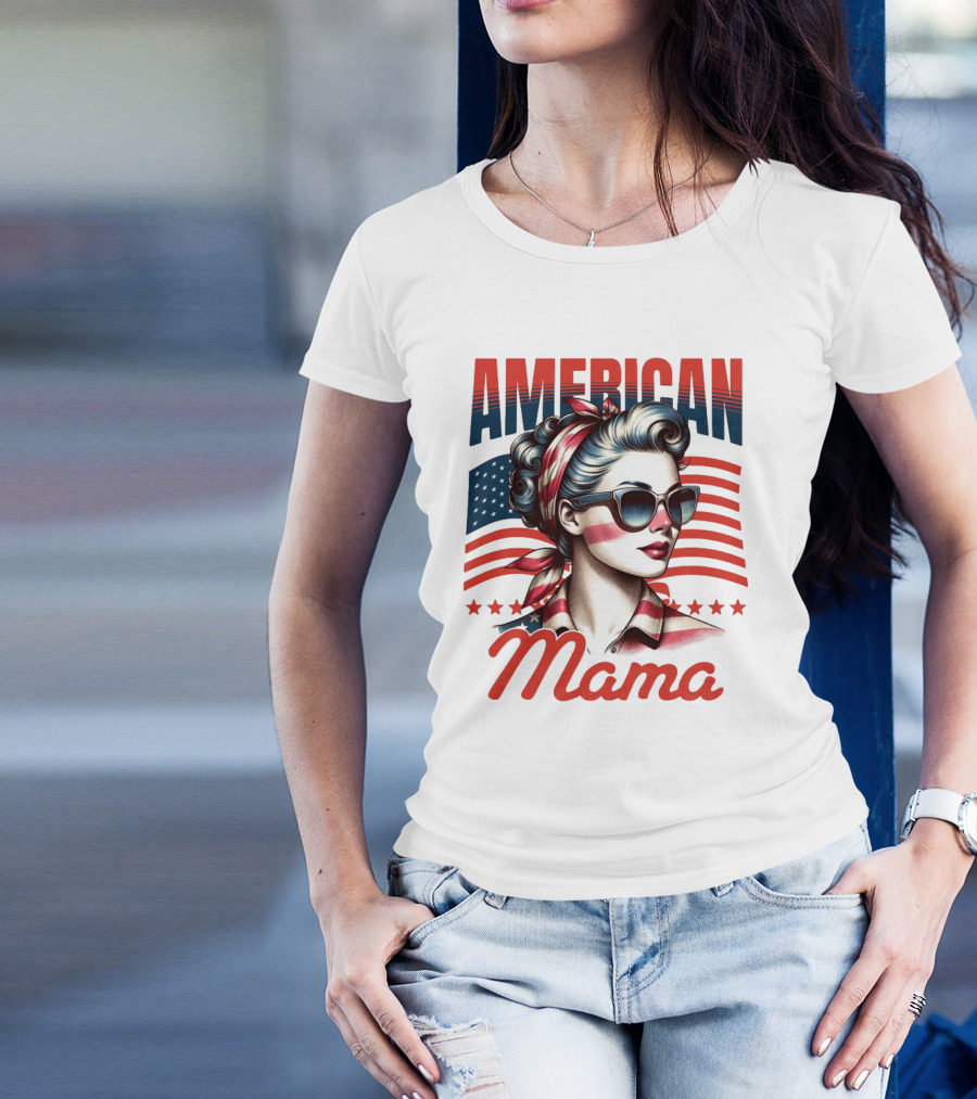 American Mama Vintage Patriotic Bandana Sunglasses Retro Flag Stars T-Shirt