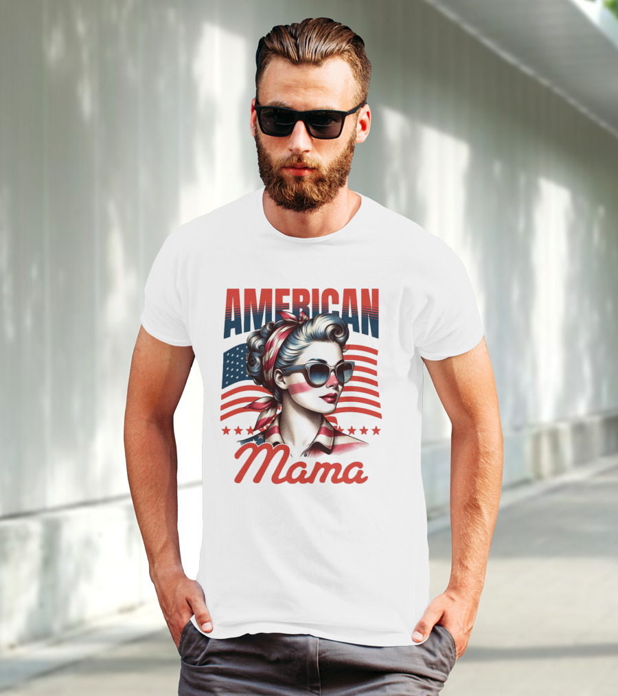 American Mama Vintage Patriotic Bandana Sunglasses Retro Flag Stars T-Shirt
