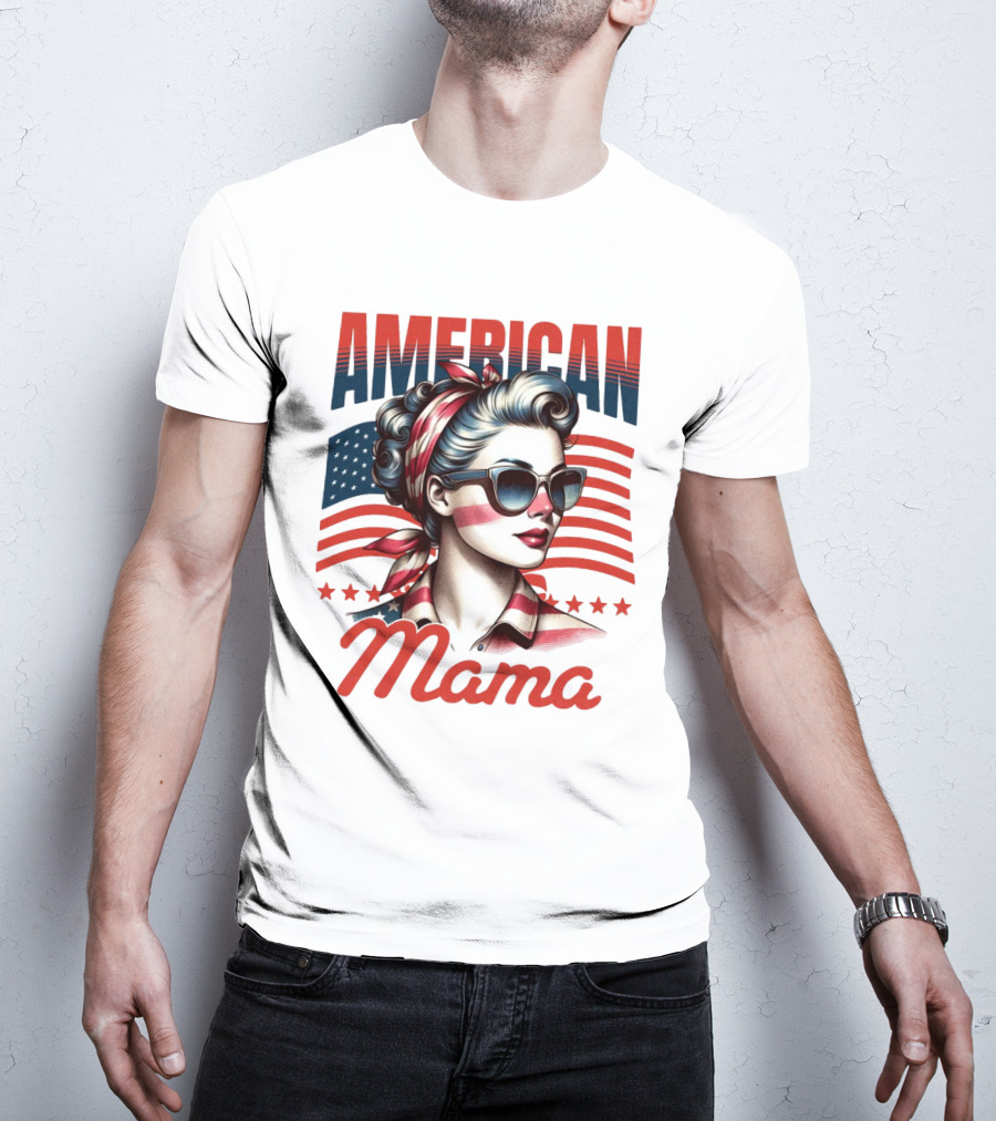 American Mama Vintage Patriotic Bandana Sunglasses Retro Flag Stars T-Shirt