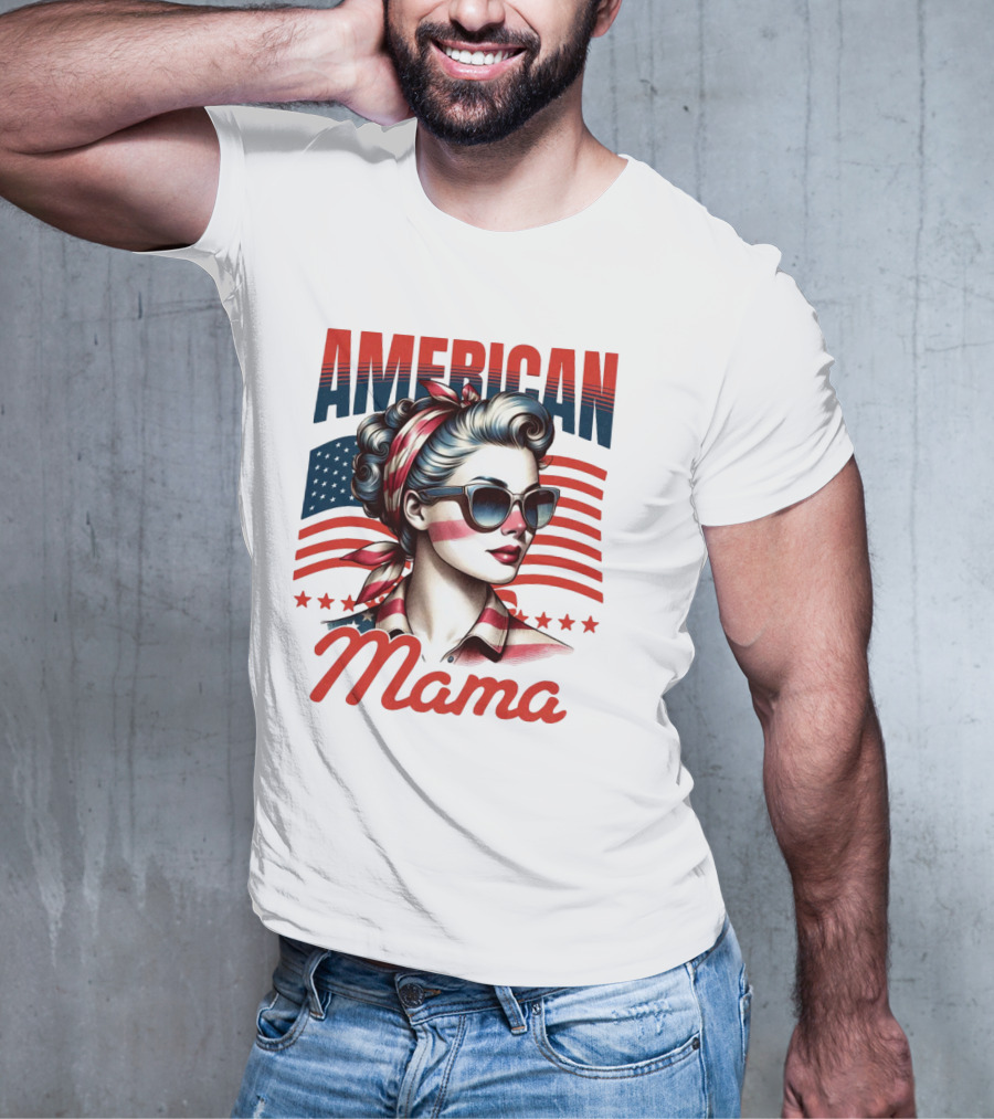 American Mama Vintage Patriotic Bandana Sunglasses Retro Flag Stars T-Shirt