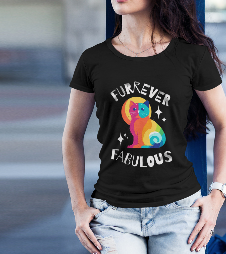Furrever Fabulous Rainbow Cat With Stars T-Shirt