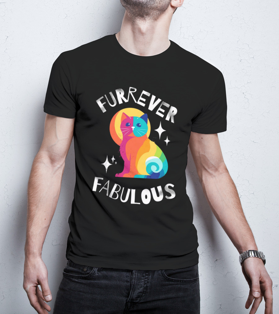 Furrever Fabulous Rainbow Cat With Stars T-Shirt