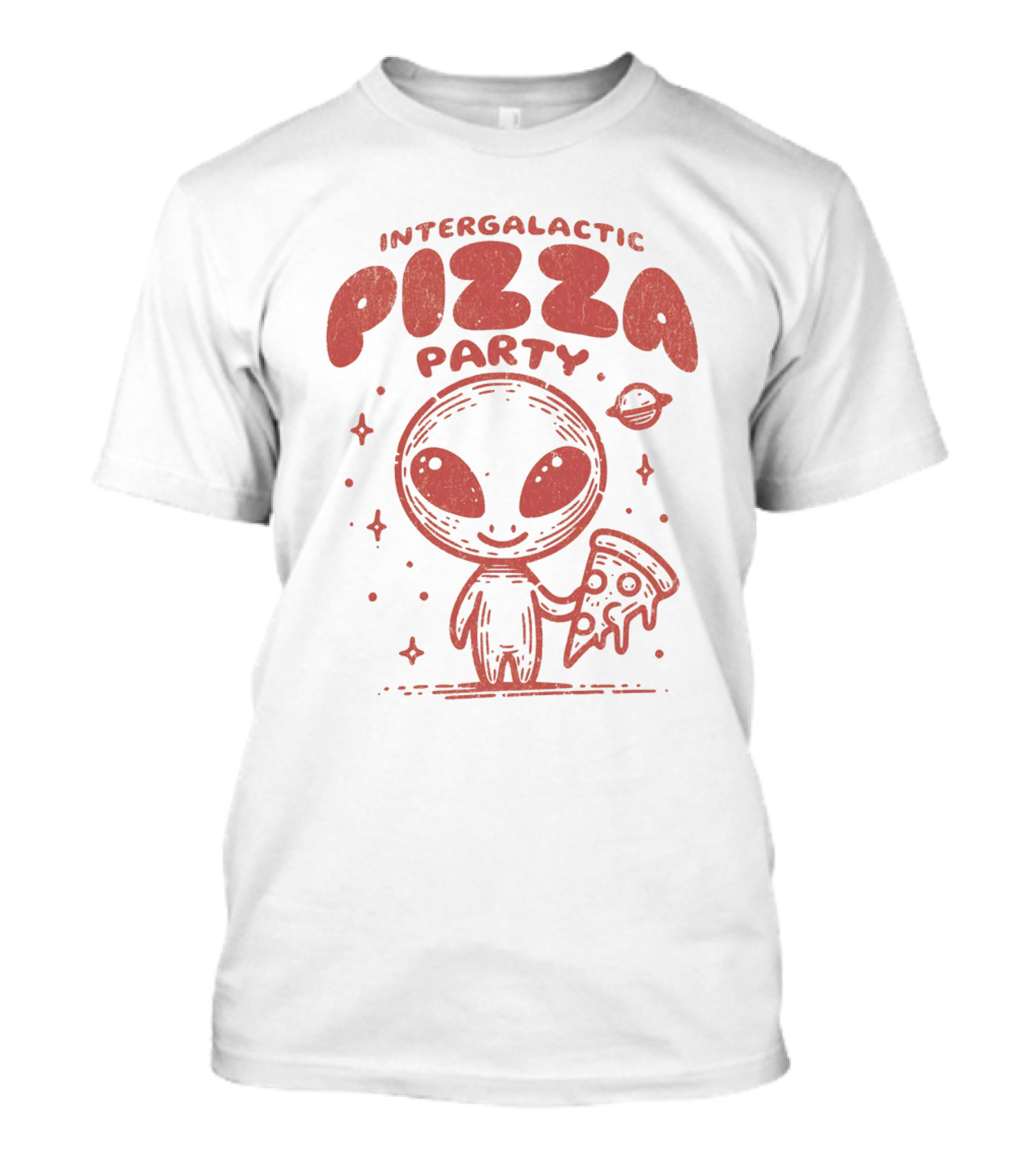 Intergalactic Pizza Party Alien Holding Pizza With Stars And Planet T-Shirt