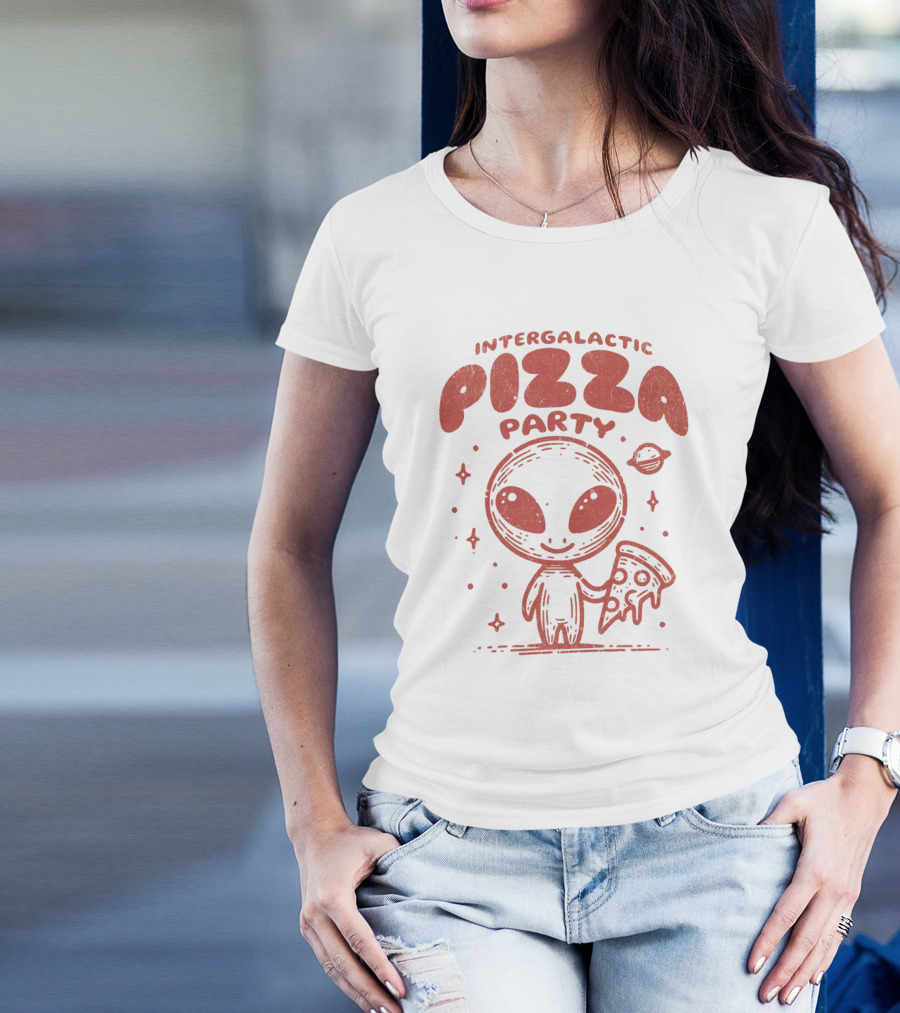 Intergalactic Pizza Party Alien Holding Pizza With Stars And Planet T-Shirt