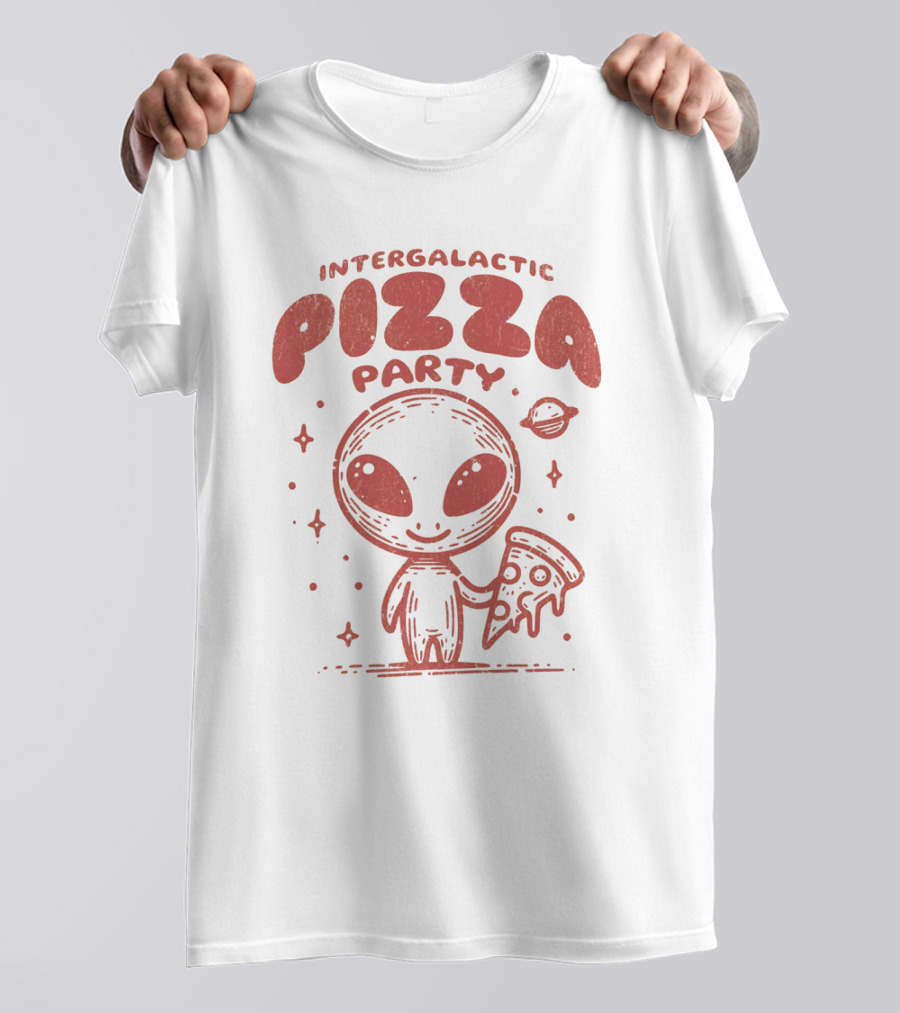 Intergalactic Pizza Party Alien Holding Pizza With Stars And Planet T-Shirt
