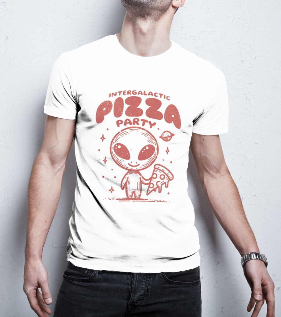 Intergalactic Pizza Party Alien Holding Pizza With Stars And Planet T-Shirt