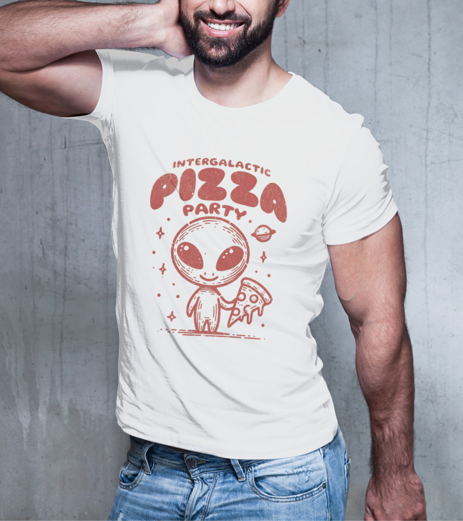 Intergalactic Pizza Party Alien Holding Pizza With Stars And Planet T-Shirt