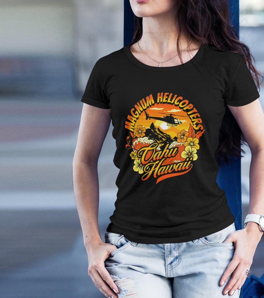 Magnum Helicopters Oahu Hawaii Helicopter Scenic Sunset Tropical Flowers T-Shirt