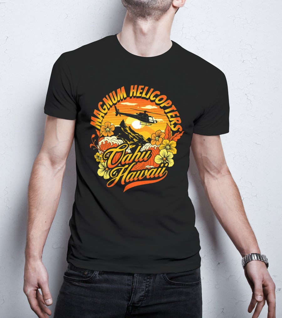 Magnum Helicopters Oahu Hawaii Helicopter Scenic Sunset Tropical Flowers T-Shirt