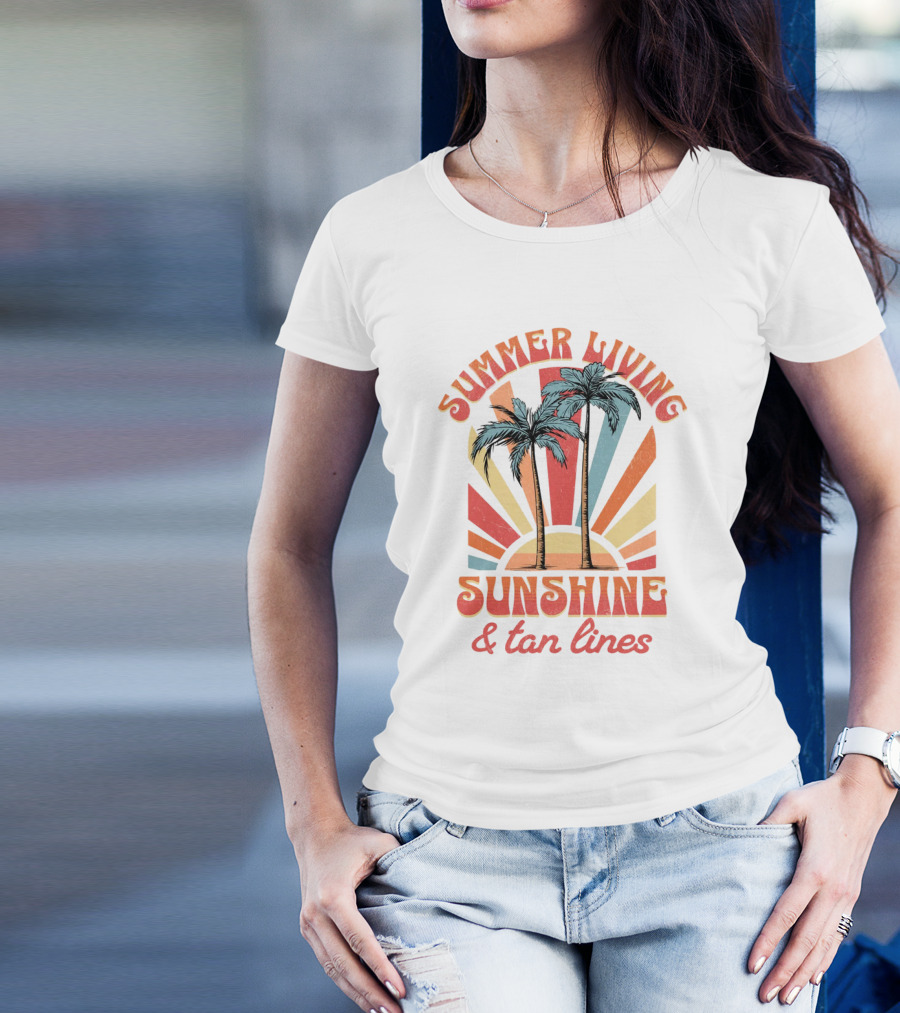 Summer Living Sunshine Tan Lines Palm Trees Retro Vibes T-Shirt