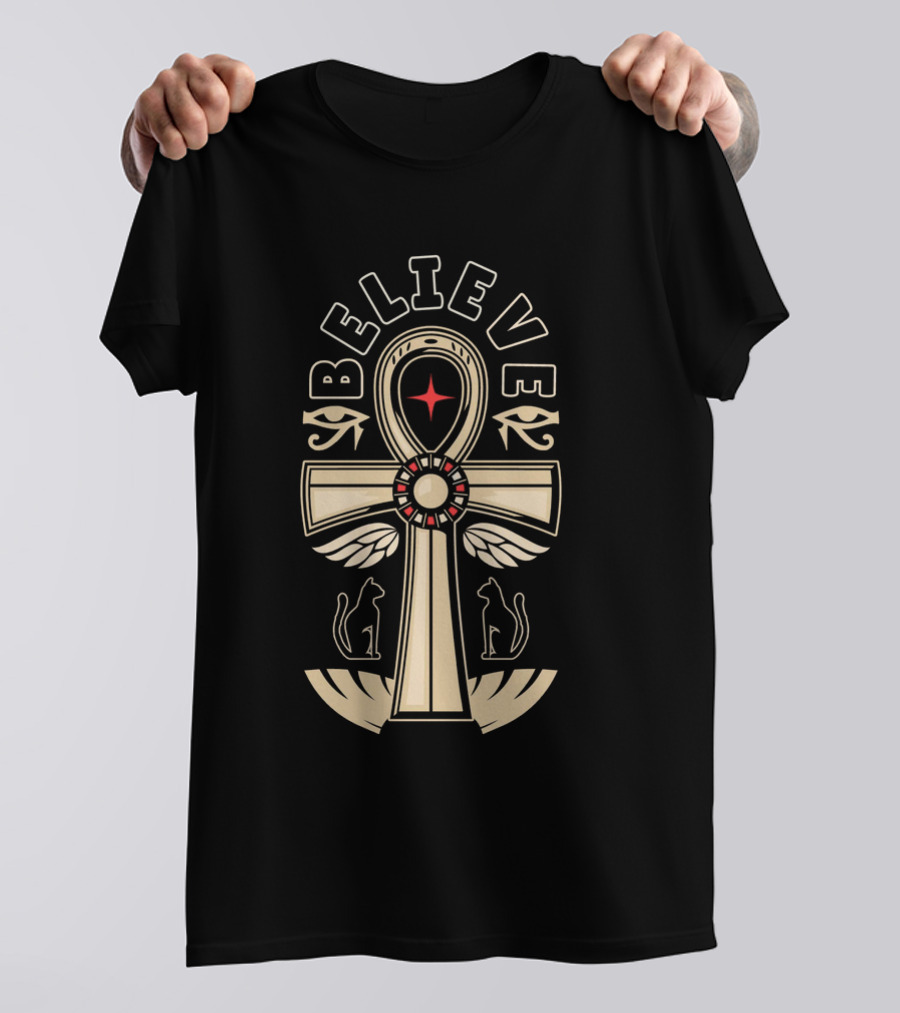 Believe Faith Ankh Symbol With Cats And Wings T-Shirt