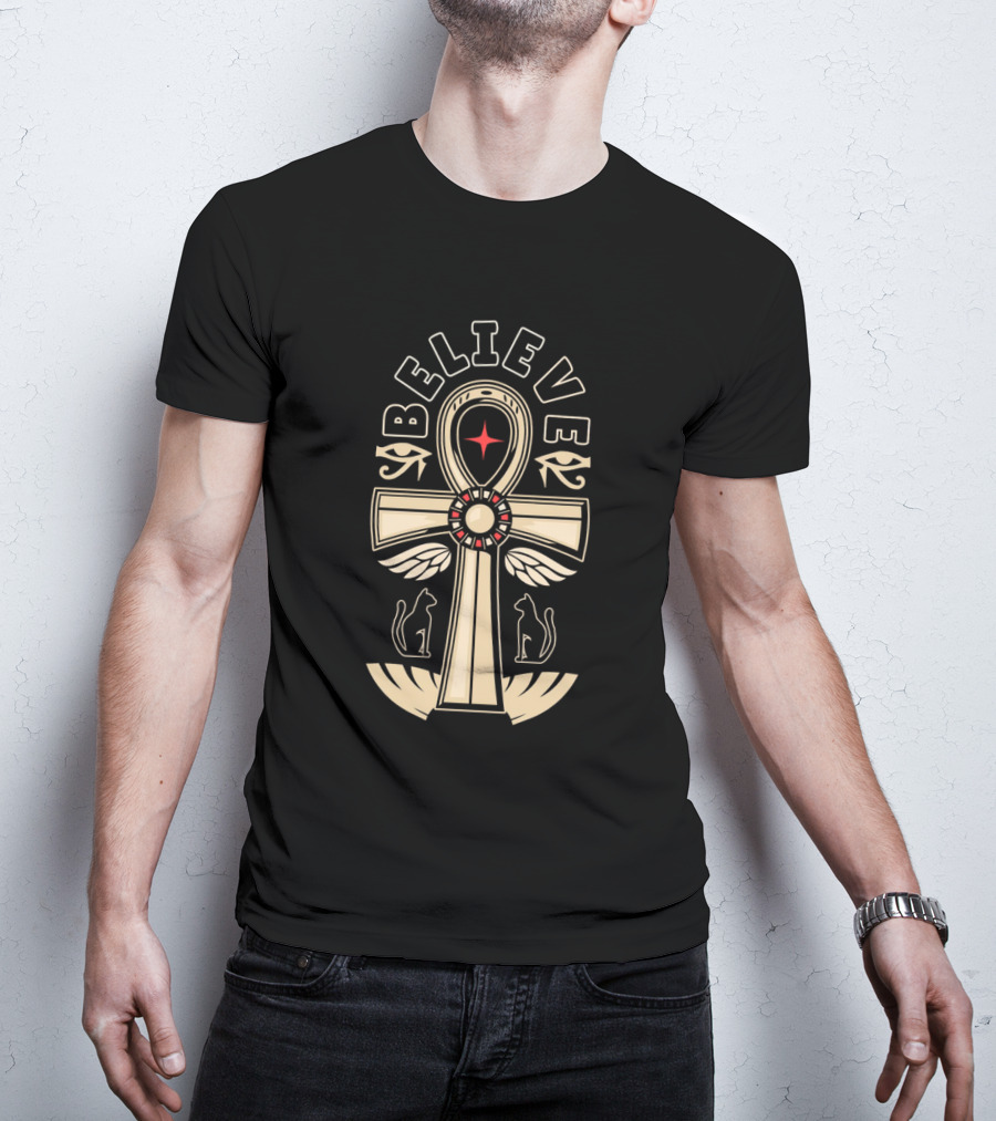 Believe Faith Ankh Symbol With Cats And Wings T-Shirt