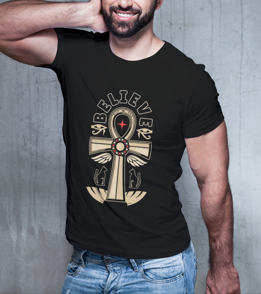 Believe Faith Ankh Symbol With Cats And Wings T-Shirt