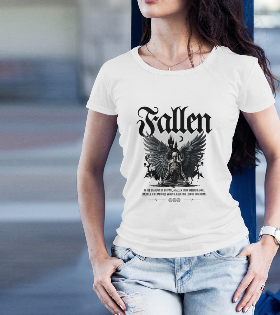 Fallen Dark Skeleton Angel With Fractured Wings And Gothic Castle T-Shirt