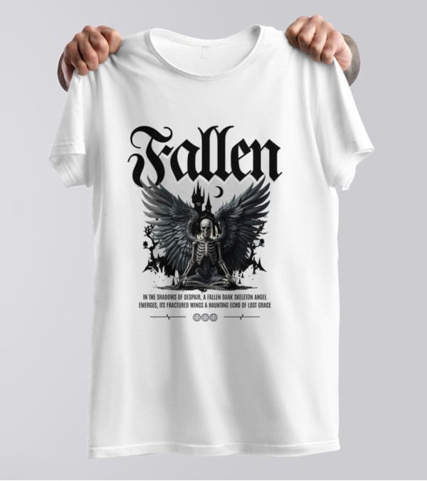 Fallen Dark Skeleton Angel With Fractured Wings And Gothic Castle T-Shirt