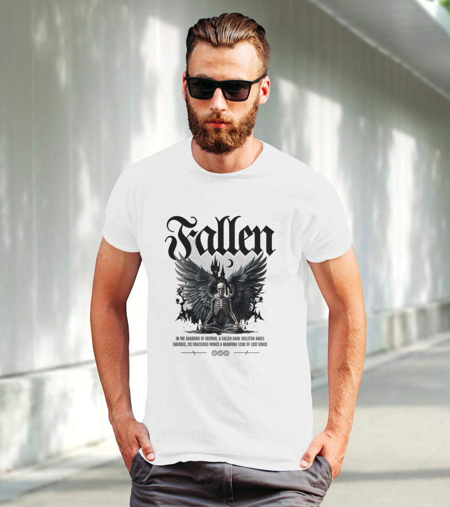 Fallen Dark Skeleton Angel With Fractured Wings And Gothic Castle T-Shirt