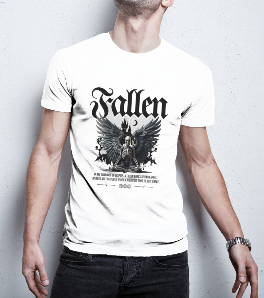 Fallen Dark Skeleton Angel With Fractured Wings And Gothic Castle T-Shirt