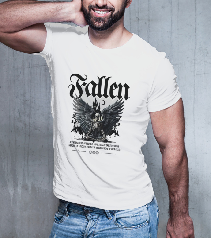 Fallen Dark Skeleton Angel With Fractured Wings And Gothic Castle T-Shirt