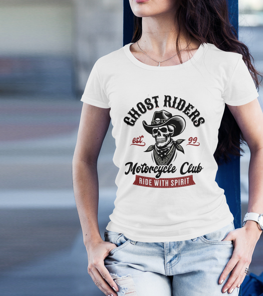 Ghost Riders Cowboy Skull Motorcycle Club Ride With Spirit Est 99 T-Shirt