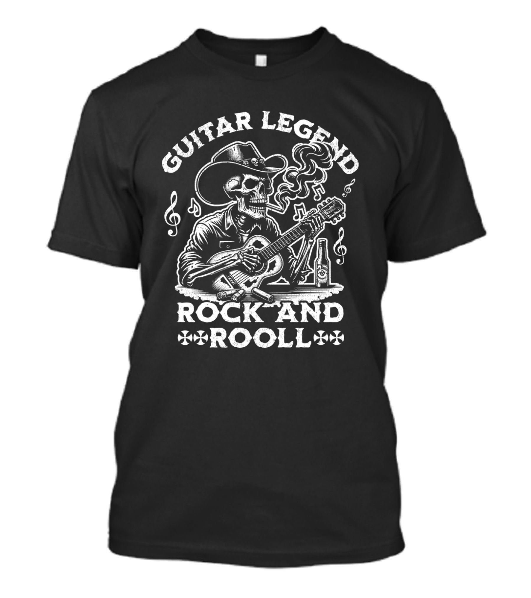 Guitar Legend Rock And Roll Skeleton Cowboy Playing Guitar With Smoking And Musical Notes T-Shirt