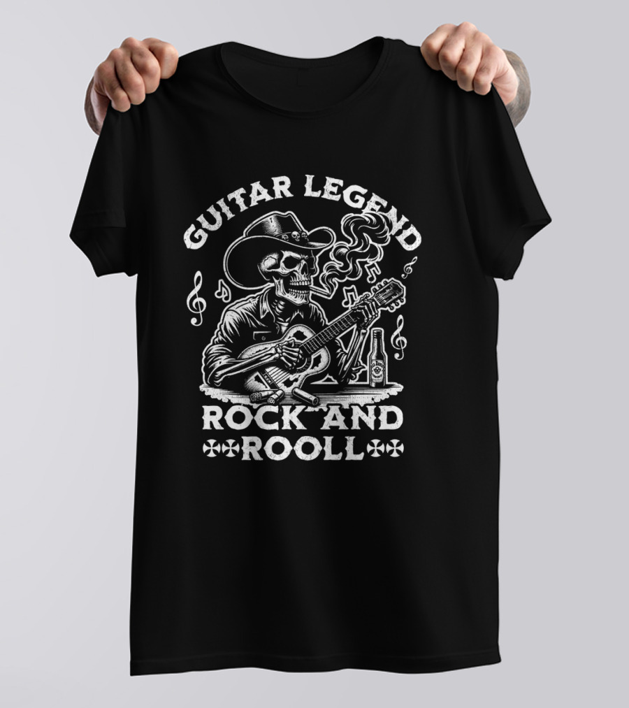 Guitar Legend Rock And Roll Skeleton Cowboy Playing Guitar With Smoking And Musical Notes T-Shirt