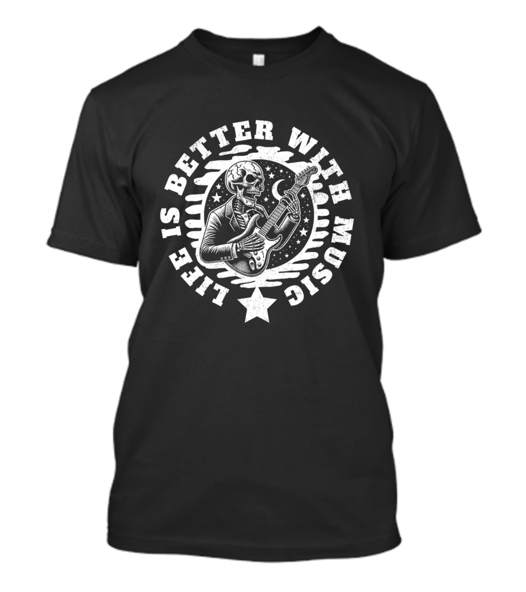 Life Is Better With Music Skeleton Guitar Moon And Stars T-Shirt