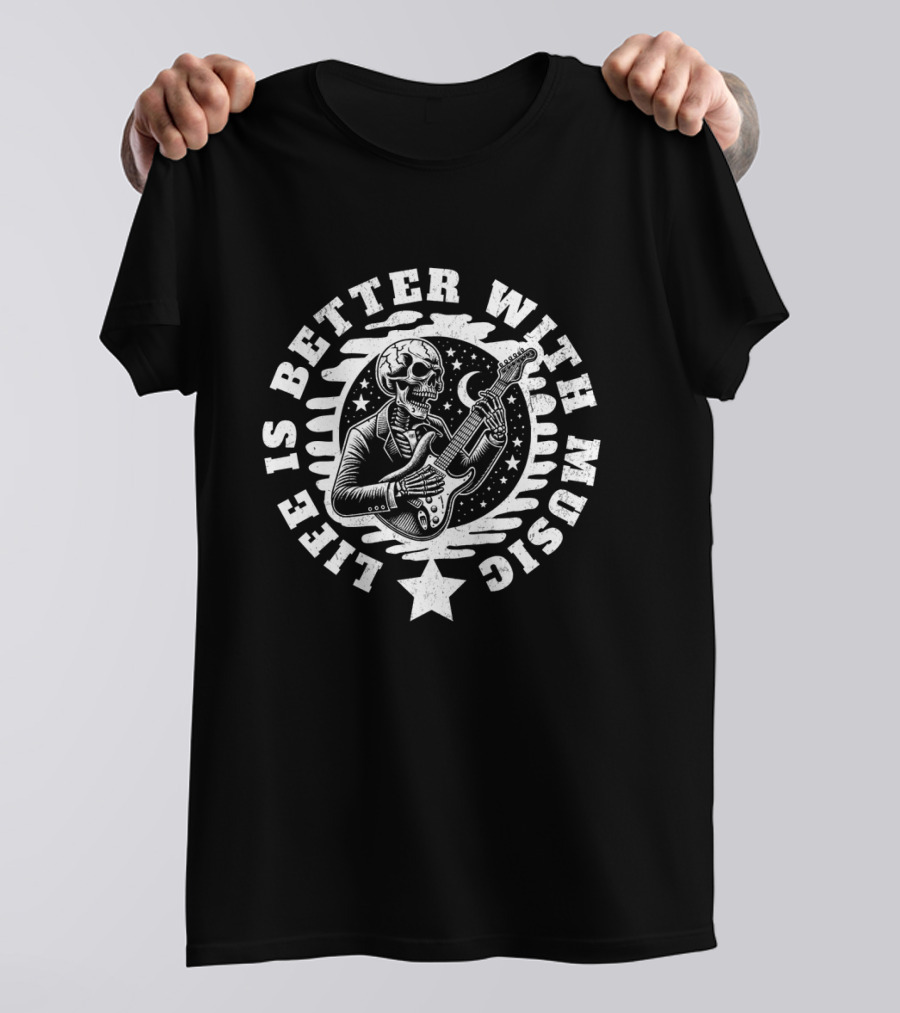 Life Is Better With Music Skeleton Guitar Moon And Stars T-Shirt