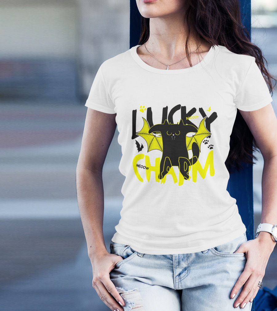 LUCKY CHARM Meow Boooo Bat Wings Cat Paw Prints T-Shirt