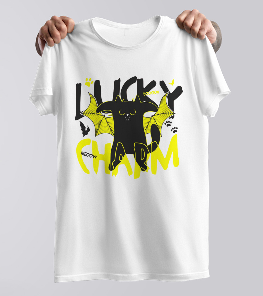 LUCKY CHARM Meow Boooo Bat Wings Cat Paw Prints T-Shirt