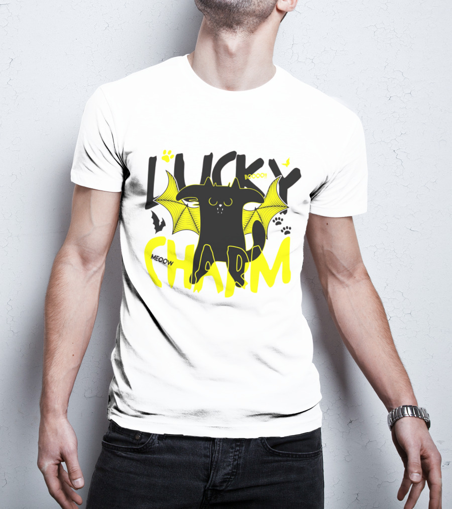 LUCKY CHARM Meow Boooo Bat Wings Cat Paw Prints T-Shirt