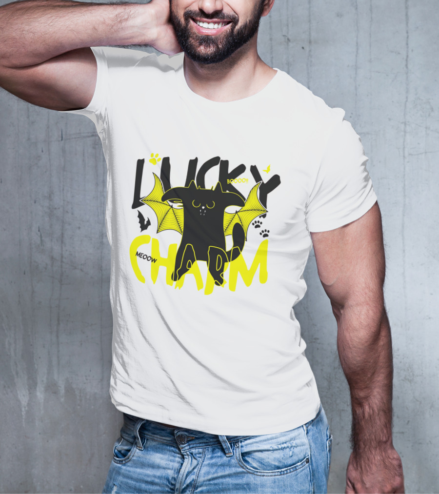 LUCKY CHARM Meow Boooo Bat Wings Cat Paw Prints T-Shirt